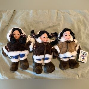 Lot Of 3 Native Eskimo Kipmik Arctic Doll Plush Anchorage Alaska Inuit Faux Fur